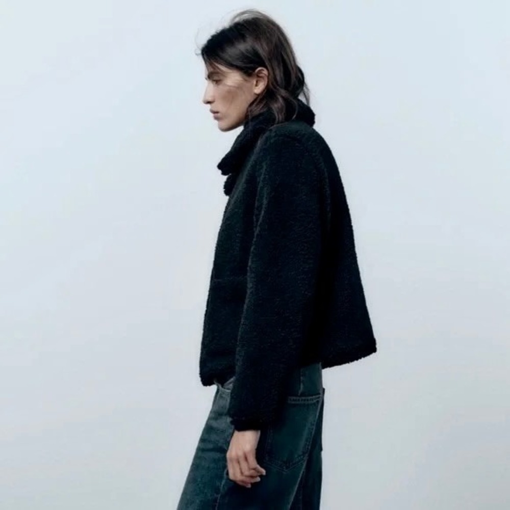 ZARA Black Sherpa Fuzzy Fleece Teddy Coat‎ Faux Shearling Snaps Pockets Small - Picture 6 of 16